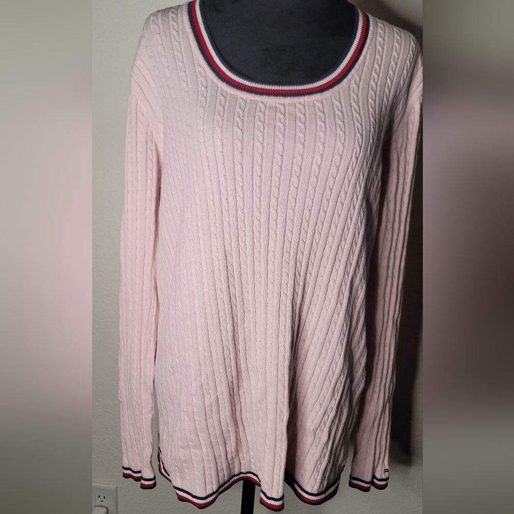 Tommy Hilfiger Women Cotton Cable Knit Sweater Pink Red, White, Blue Trim Sz XL